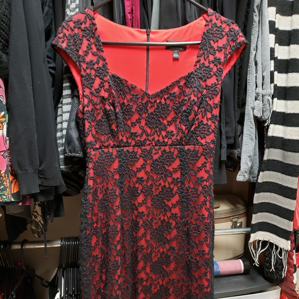 Red.dress.with black lace overlay size 8